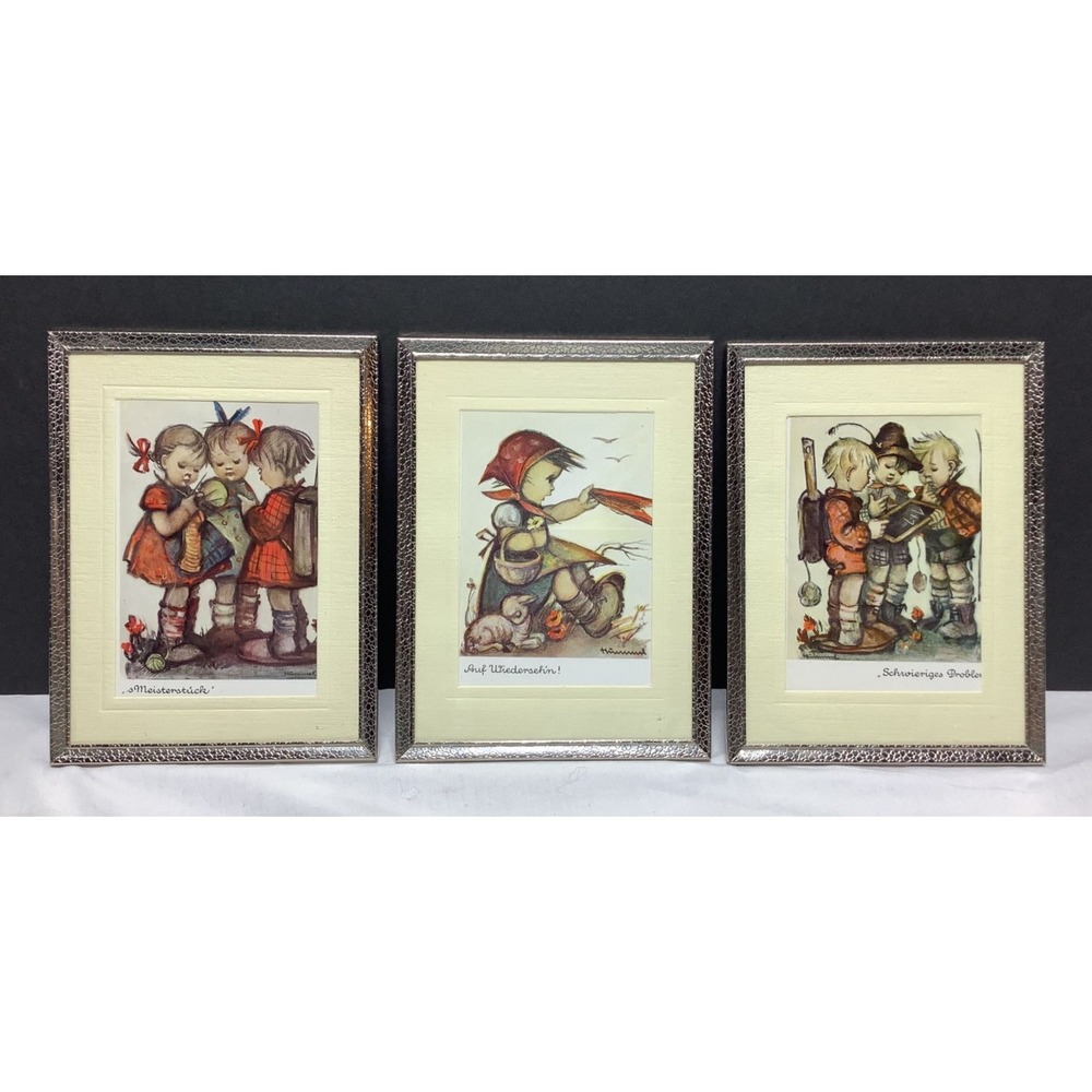 3 Vintage Framed  Hummel Prints 6"x8" Silver Tone hang or free standing
